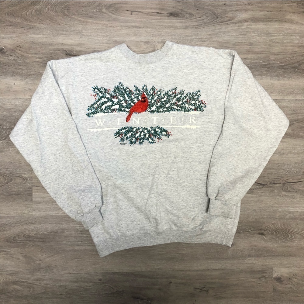 Vintage Winter Christmas Crewneck Sweatshirt Heather Gray Size Medium Cardinals